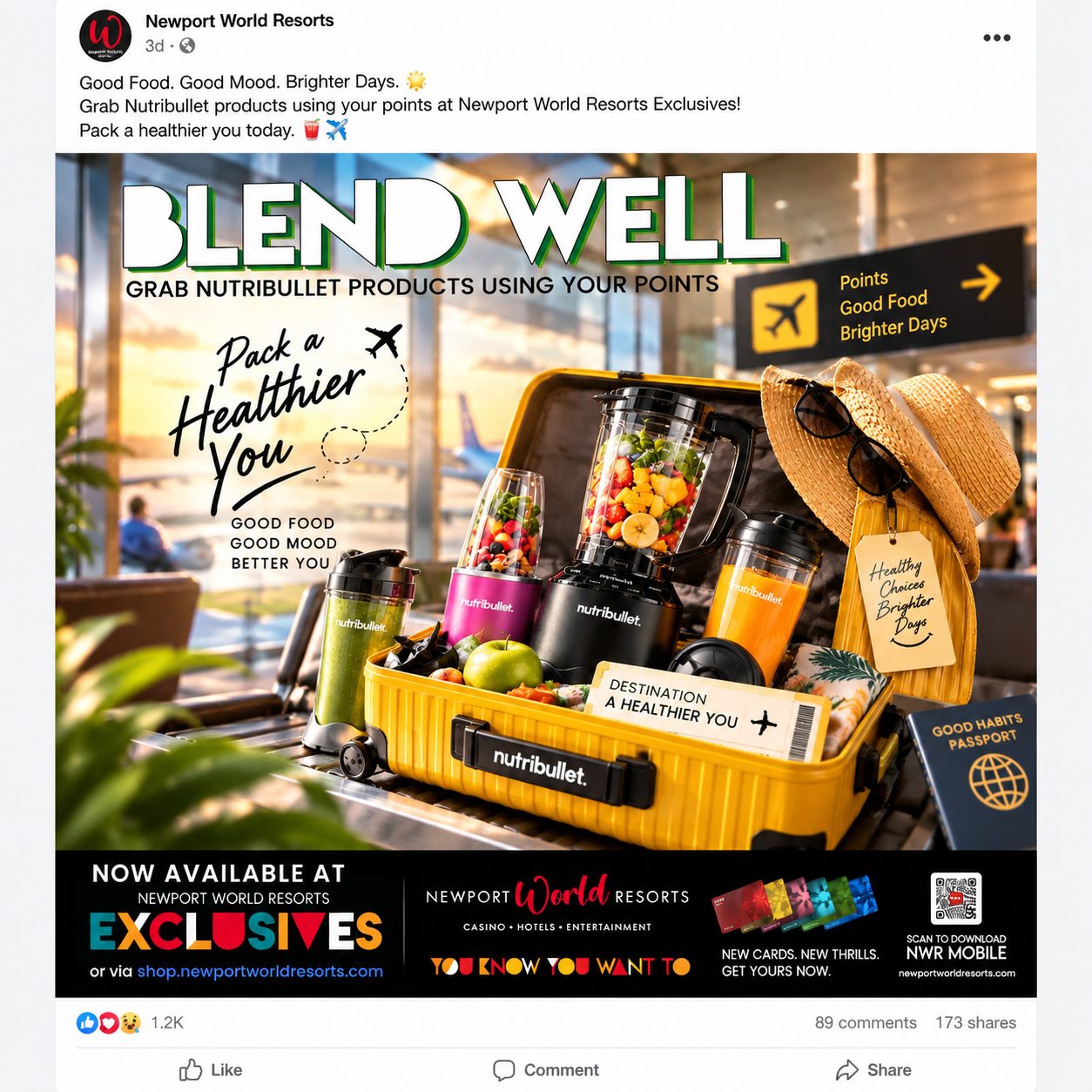 Blend Well, Travel Healthier Facebook post for Newport World Resorts Exclusives