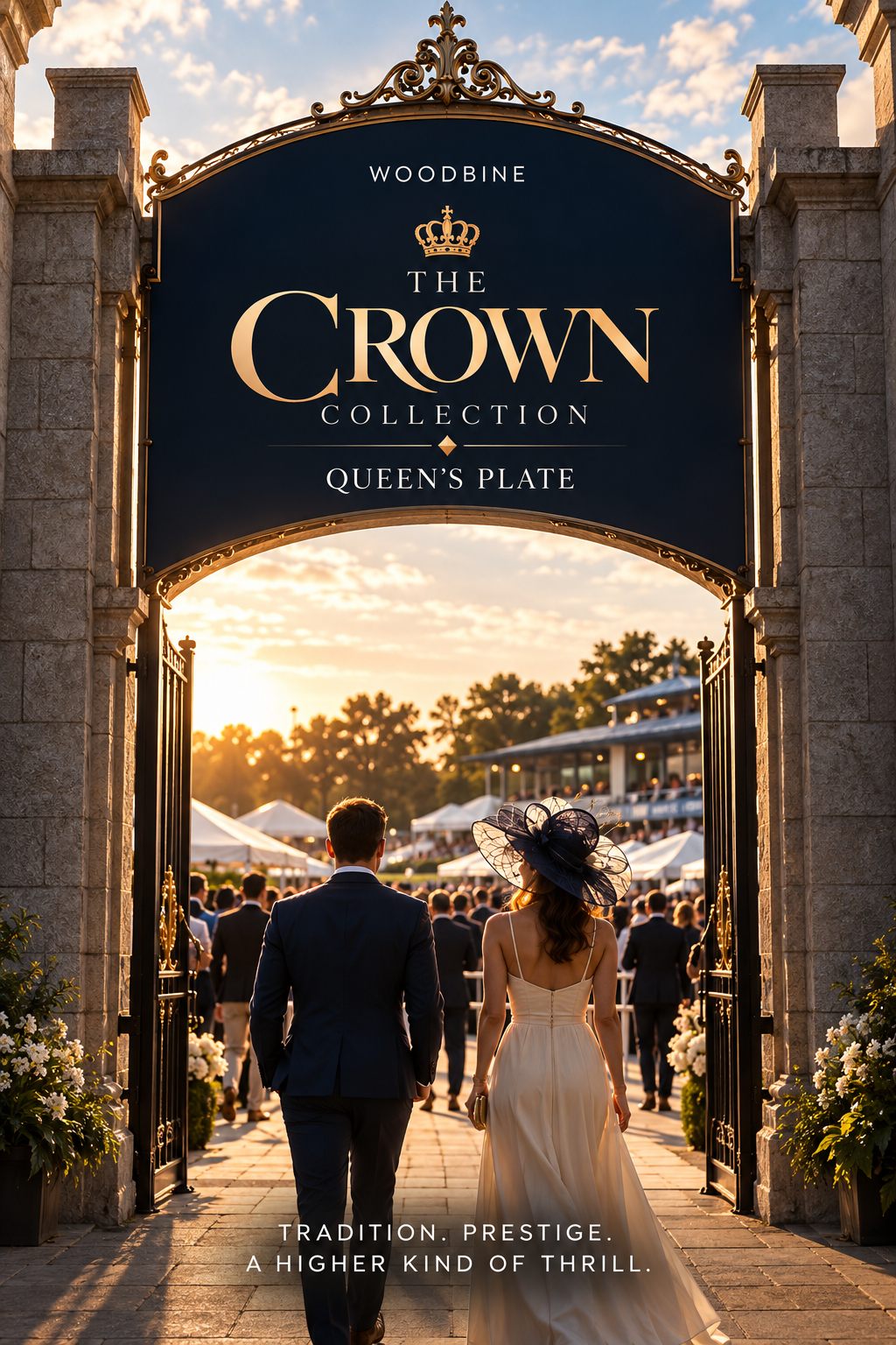 Couple walking into Woodbine through The Crown Collection gates at golden hour