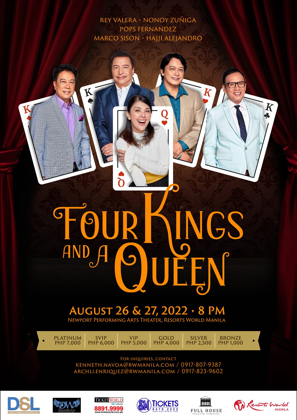 Four Kings and a Queen concert poster with the performers as playing cards, August 26 and 27, 2022