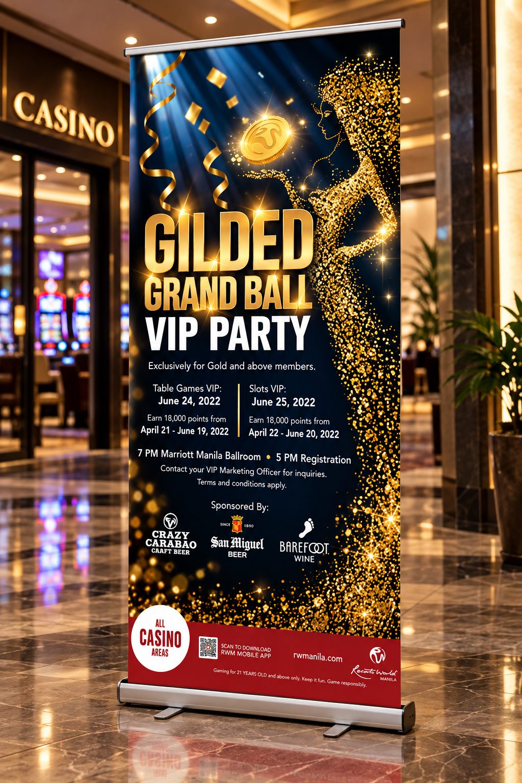 Gilded Grand Ball roll-up banner at a casino entrance