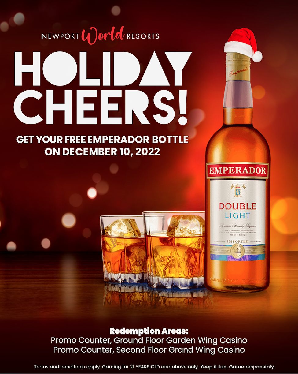 Holiday Cheers poster with an Emperador bottle and glasses
