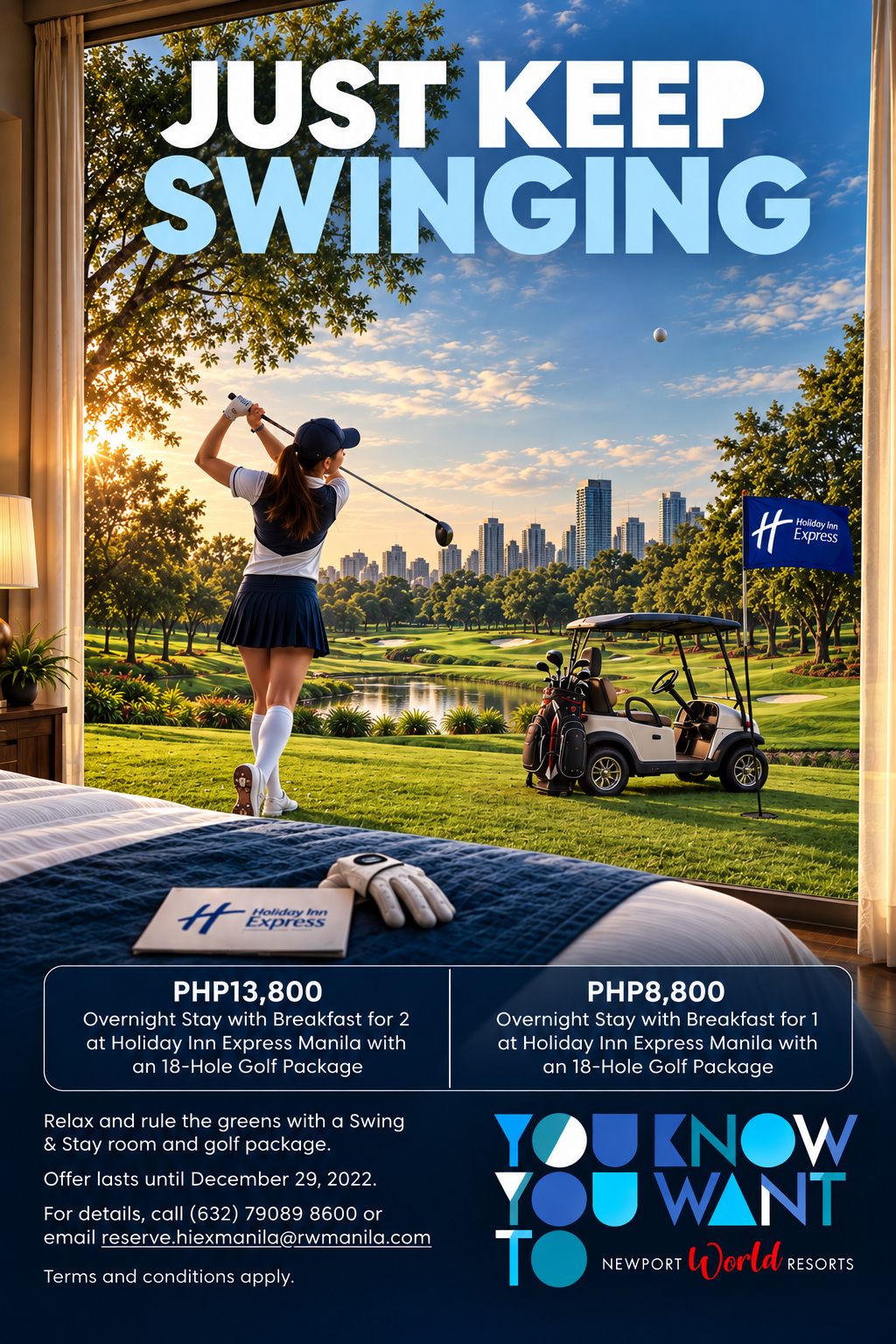 Just Keep Swinging golf and hotel stay package promo for Holiday Inn Express Manila