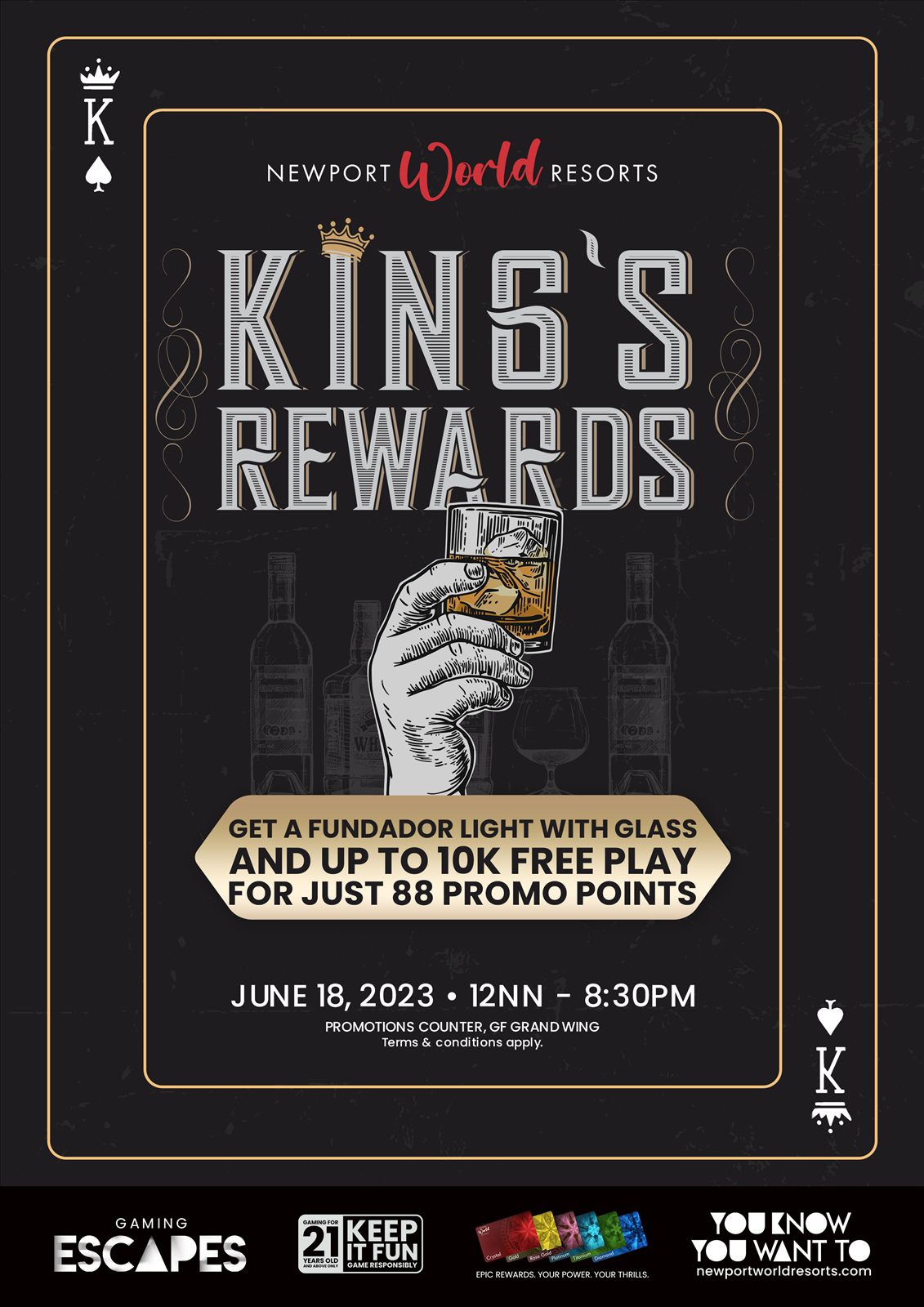 King’s Rewards poster styled as a king playing card with a Fundador bottle