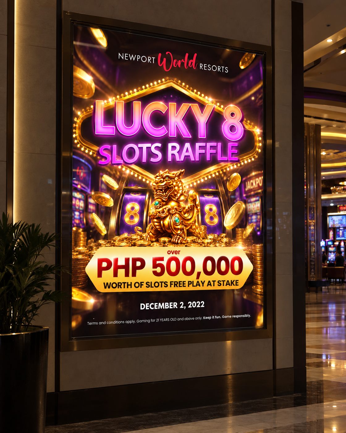 Lucky 8 poster in a casino lightbox display