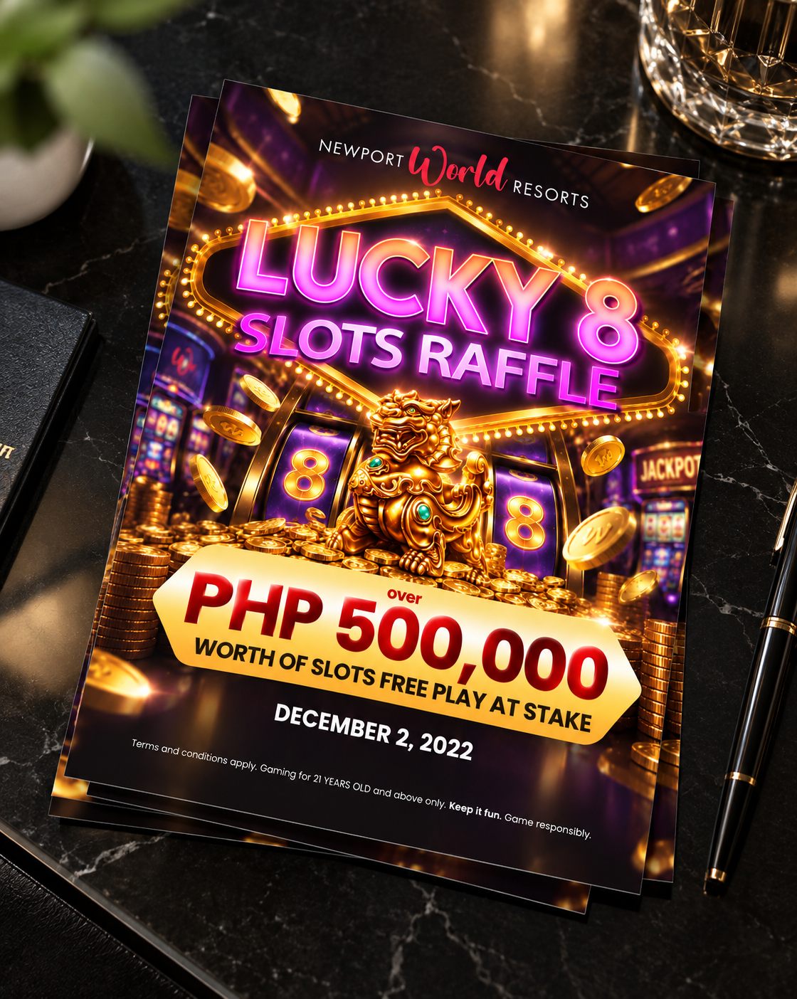 Lucky 8 printed flyer on a marble table