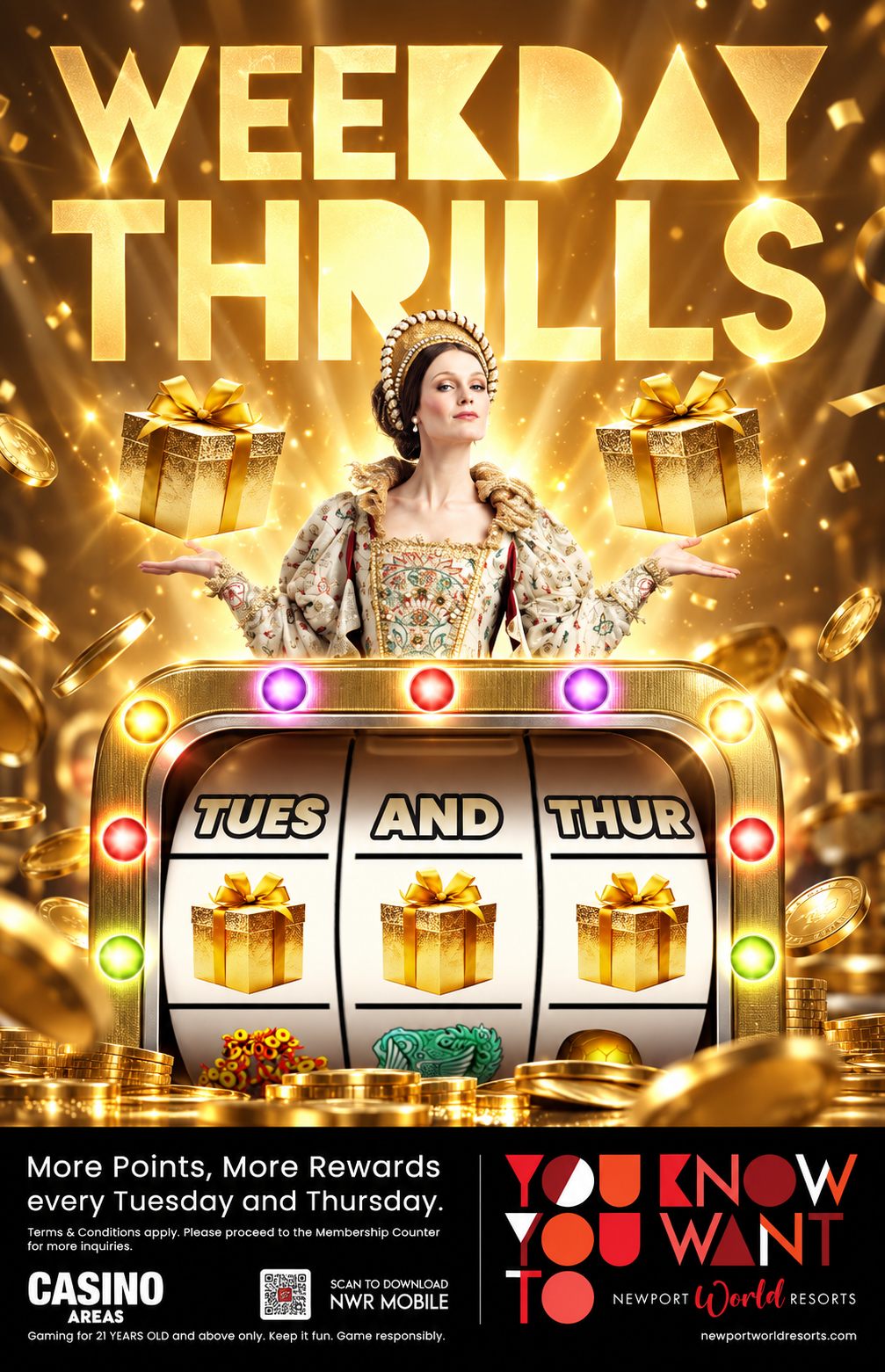 Weekday Thrills poster with a golden slot machine